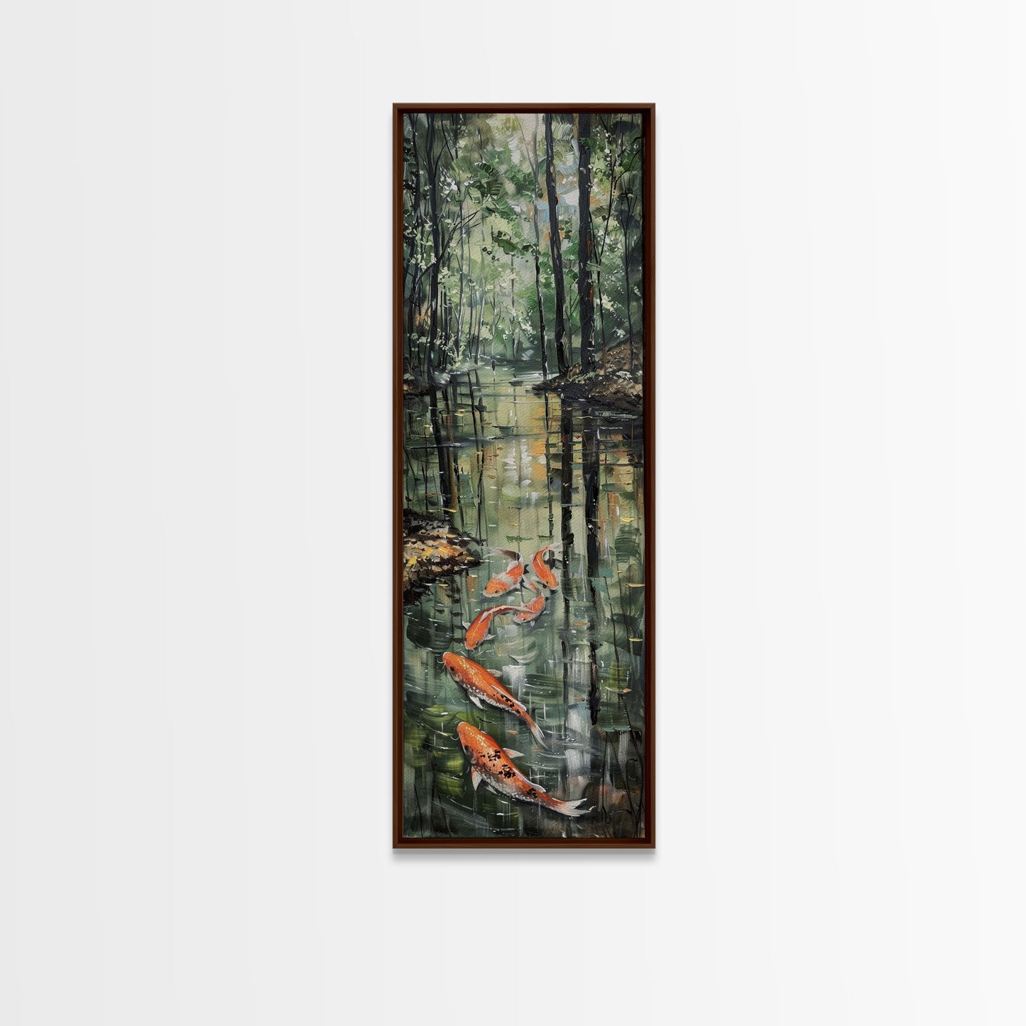 Elegant Koi Fish Swimming Serene Water Garden Nature Art Framed Canvas Print Tall Art Japanese Style Art