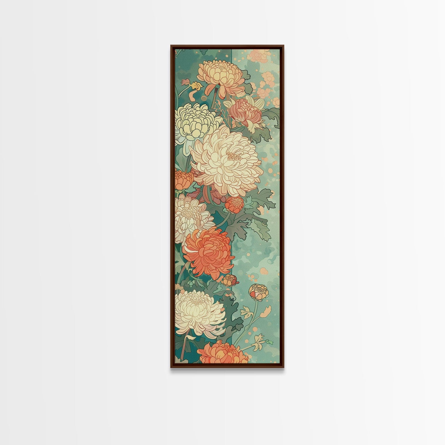 Skinny Art of Chrysanthemums in Soft Pastels with Intricate Petal Design on Framed Canvas Print