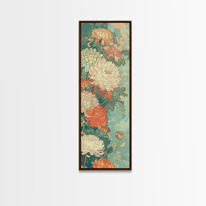 Skinny Art of Chrysanthemums in Soft Pastels with Intricate Petal Design on Framed Canvas Print