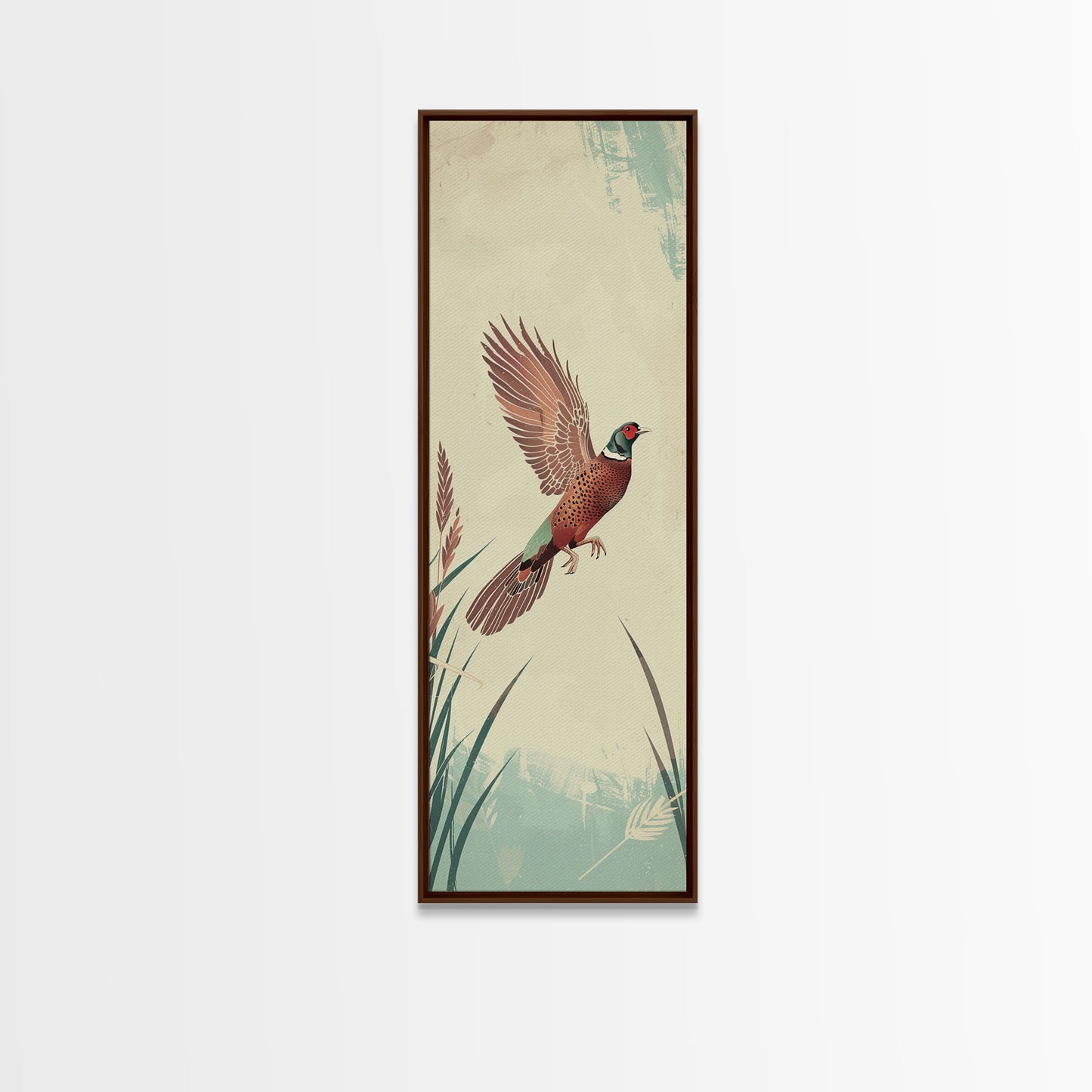Japanese Skinny Art of Pheasant in Flight with Graceful Wings and Earthy Tones – Framed Canvas Print