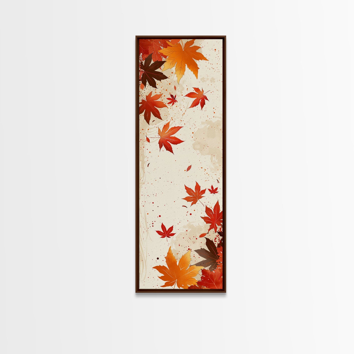 Skinny Art Autumn Leaves In Japanese Style Wood Block Print Warm Red And Orange Tones On Framed Canvas Print, Tall Art Ukiyo-e