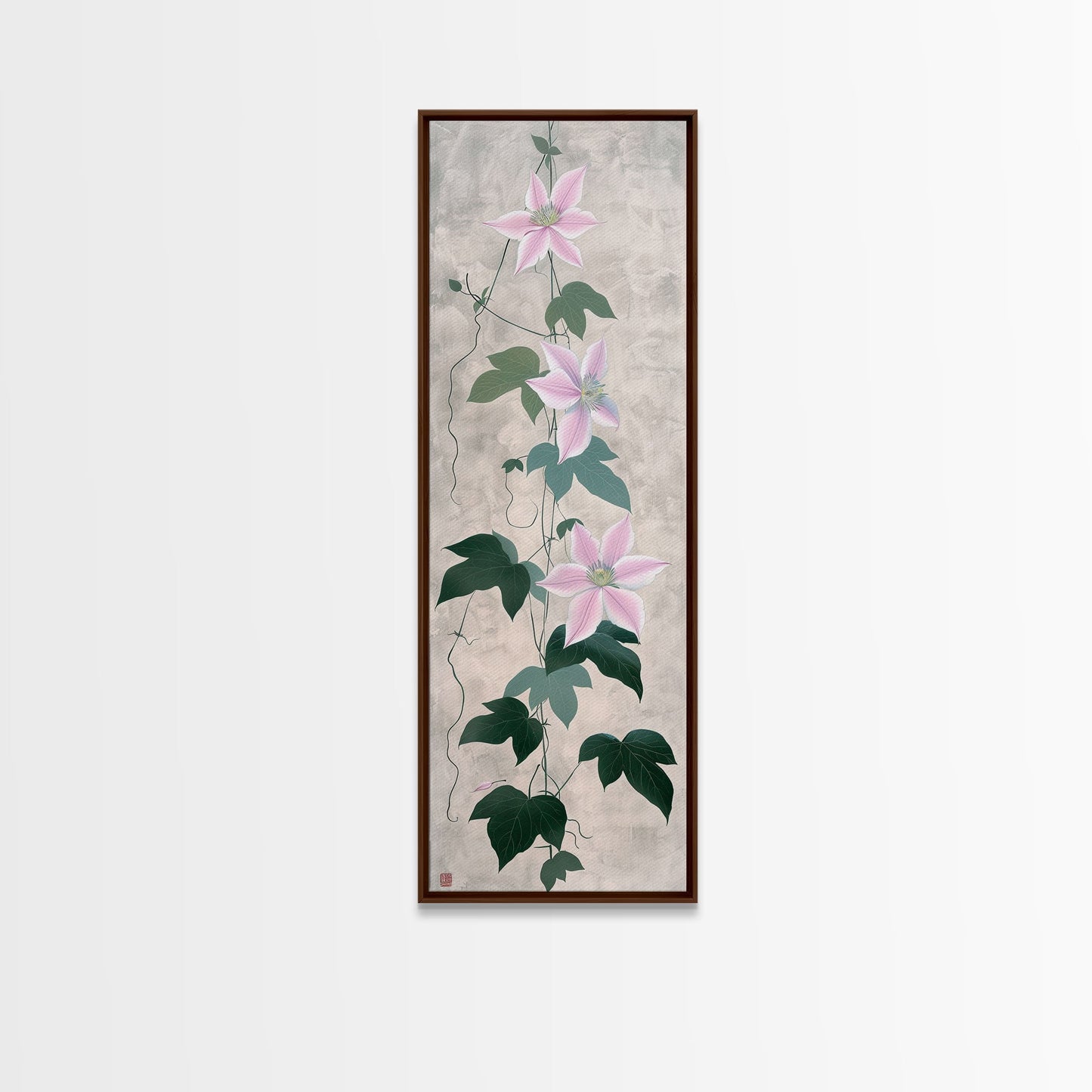 Skinny Art Clematis Vine In Japanese Style Wood Block Print Soft Pink Flowers On Framed Canvas Print, Tall Art Ukiyo-e