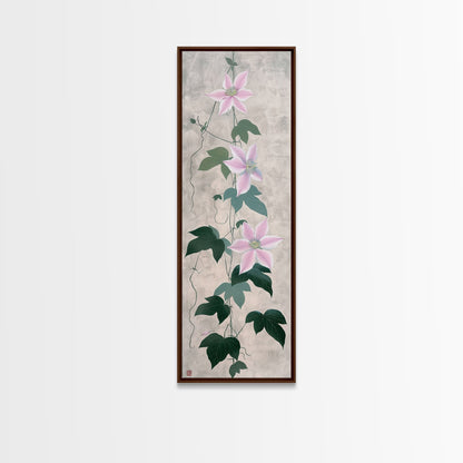Skinny Art Clematis Vine In Japanese Style Wood Block Print Soft Pink Flowers On Framed Canvas Print, Tall Art Ukiyo-e