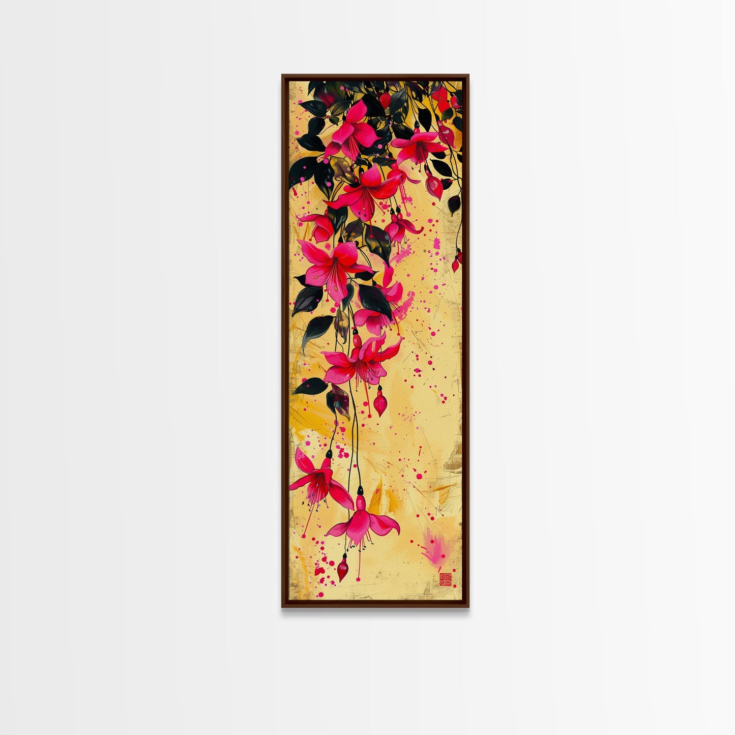 Skinny Art Tall Art Framed Canvas Print Bold Fuchsia Flowers In Dynamic Composition Over A Vibrant Yellow Background Ukiyo-e Japanese Style Art