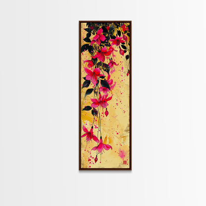 Skinny Art Tall Art Framed Canvas Print Bold Fuchsia Flowers In Dynamic Composition Over A Vibrant Yellow Background Ukiyo-e Japanese Style Art