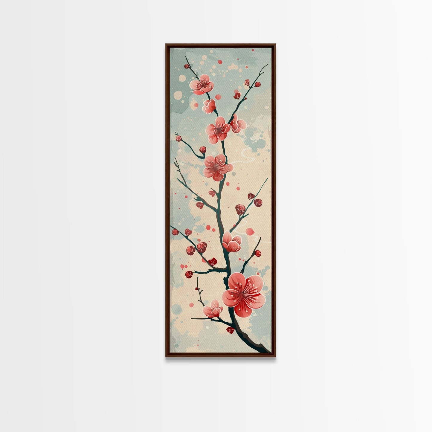 Peach Blossoms On Branch With Soft Pastel Background Tall Art Skinny Art Framed Canvas Print Japanese Style Art Ukiyo-e Wood Block Print