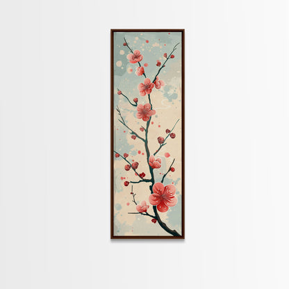 Peach Blossoms On Branch With Soft Pastel Background Tall Art Skinny Art Framed Canvas Print Japanese Style Art Ukiyo-e Wood Block Print