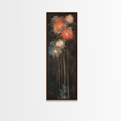 Colorful Fireworks Display Against A Dark Night Sky, Skinny Art Tall Wall Art Framed Canvas Print Japanese Style Art