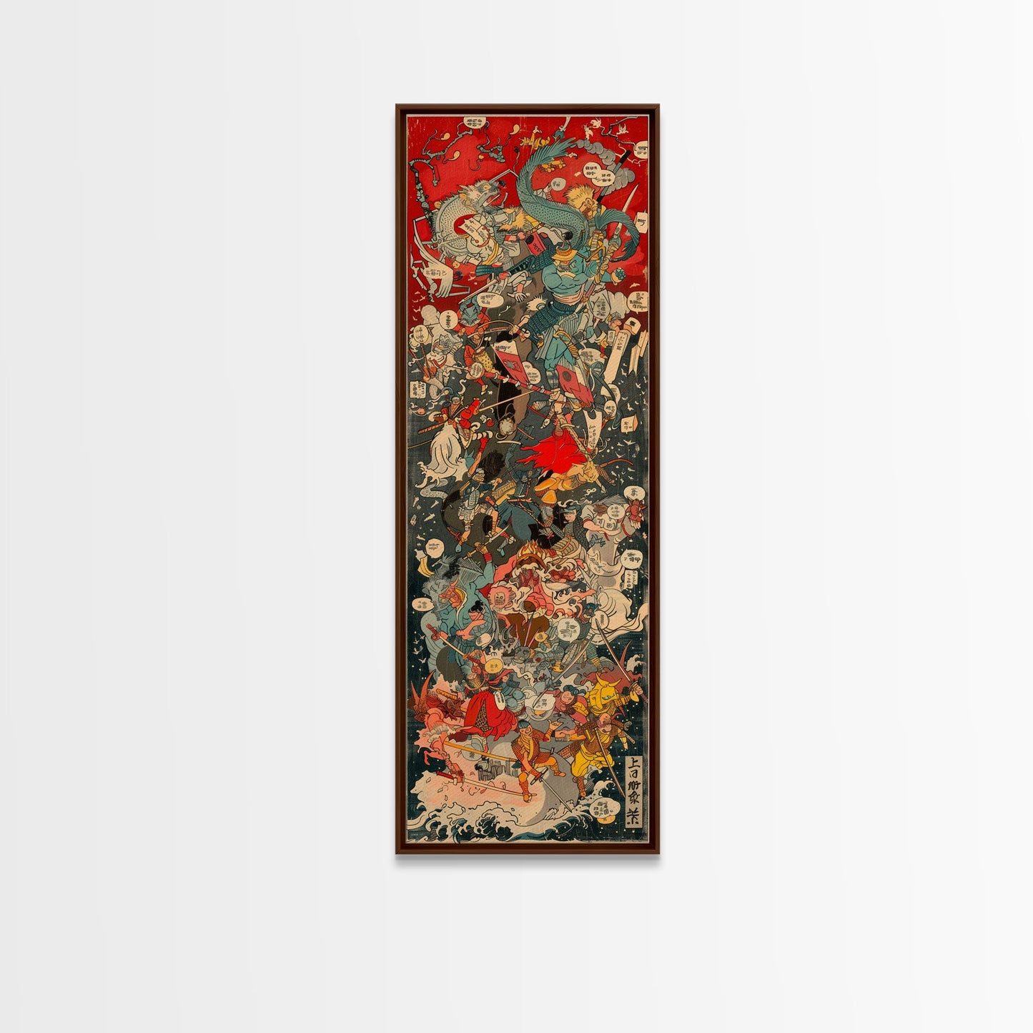 Complex Samurai Battle Scene With Mythical Creatures Framed Canvas Print Ukiyo-e Wall Art Wood Block Print Tall Art Japanese Style Skinny Art
