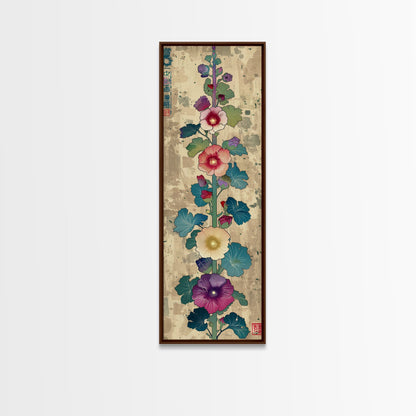 Colorful Hollyhock Flowers Traditional Japanese Woodblock Style Tall Skinny Framed Canvas Print Wall Art