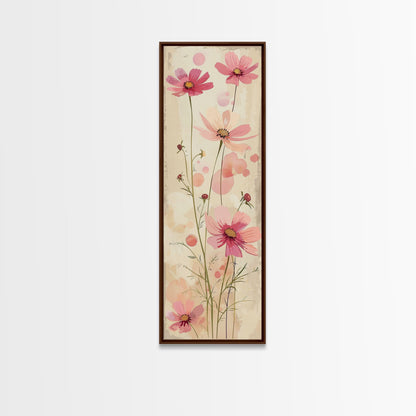 Delicate Pink Flowers with Tall Stems on a Subtle Beige Background Ukiyo-e Art Japanese Framed Canvas Print Skinny Tall Art