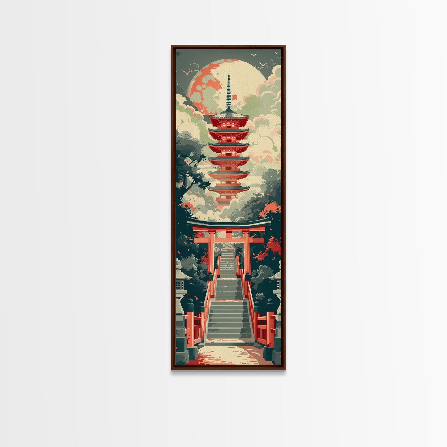 Japanese Style Art, Tall Art, Skinny Art, Pagoda Temple Wood Block Print Framed Canvas Print Ukiyo-e Art