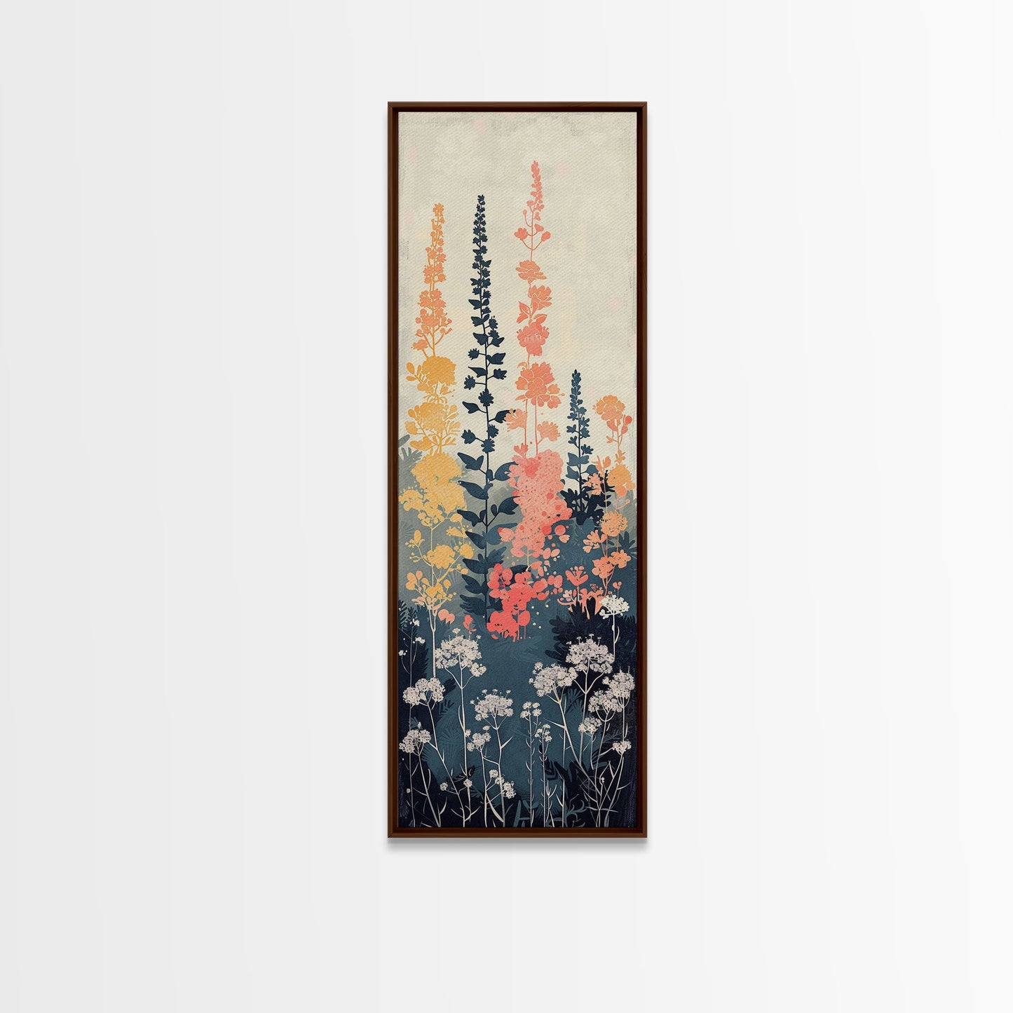 Framed Canvas Print Of Elegant Wildflowers Set Against A Soft Background, Skinny Art, Tall Art, Japanese Style Art, Ukiyo-e Art, Wood Block Print