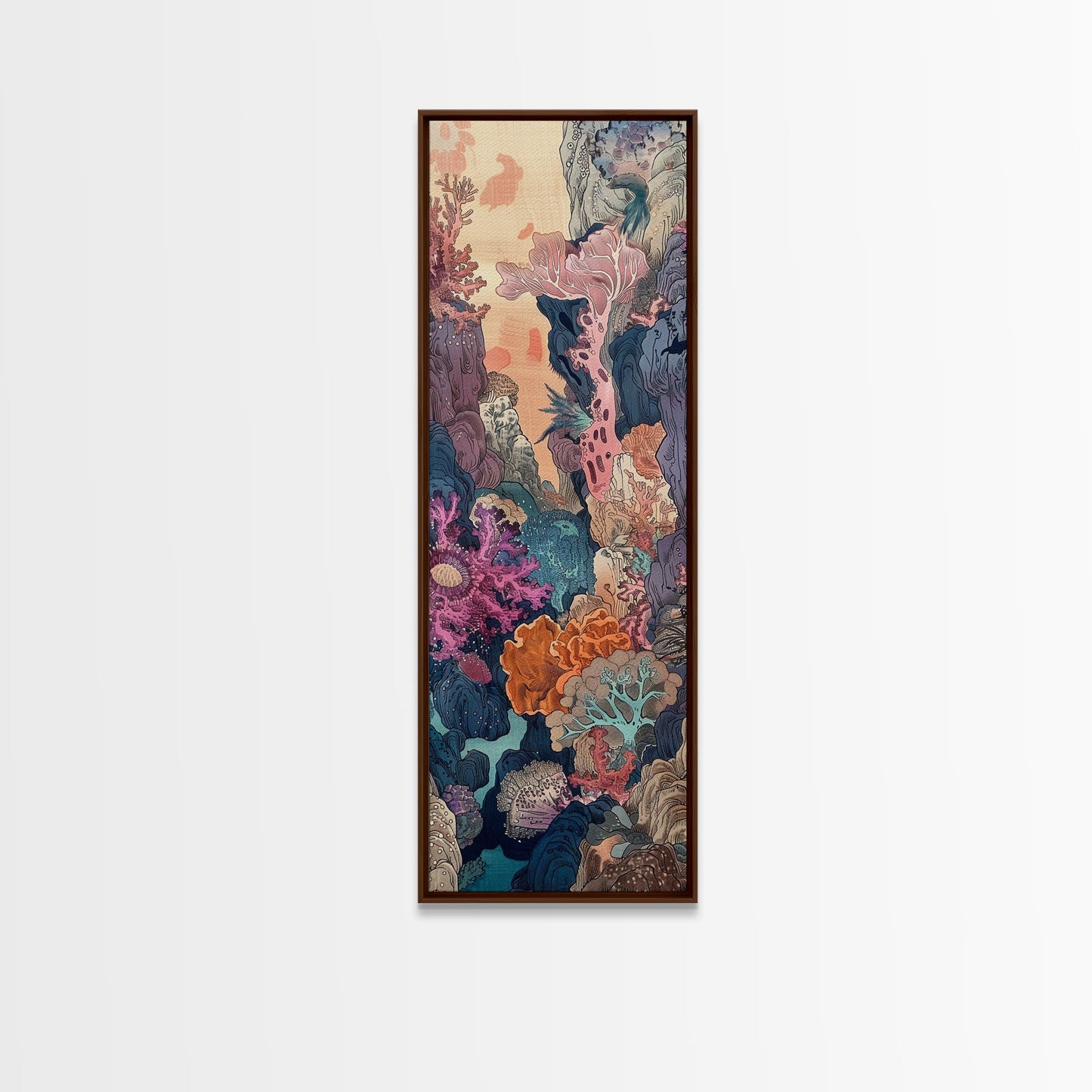 Framed Canvas Print Of A Coral Reef Scene Filled With Vibrant Marine Life, Skinny Art, Tall Art, Japanese Style Art, Ukiyo-e Art, Wood Block Print