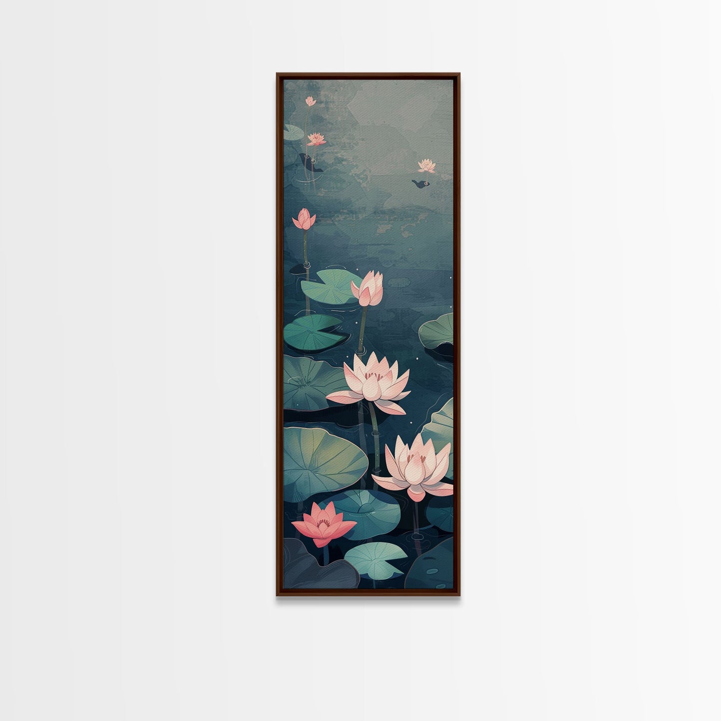 Calm Water Lilies Floating On Still Pond With Subtle Ripples Ukiyo-e Skinny Tall Wood Block Framed Canvas Print Japanese Style Art