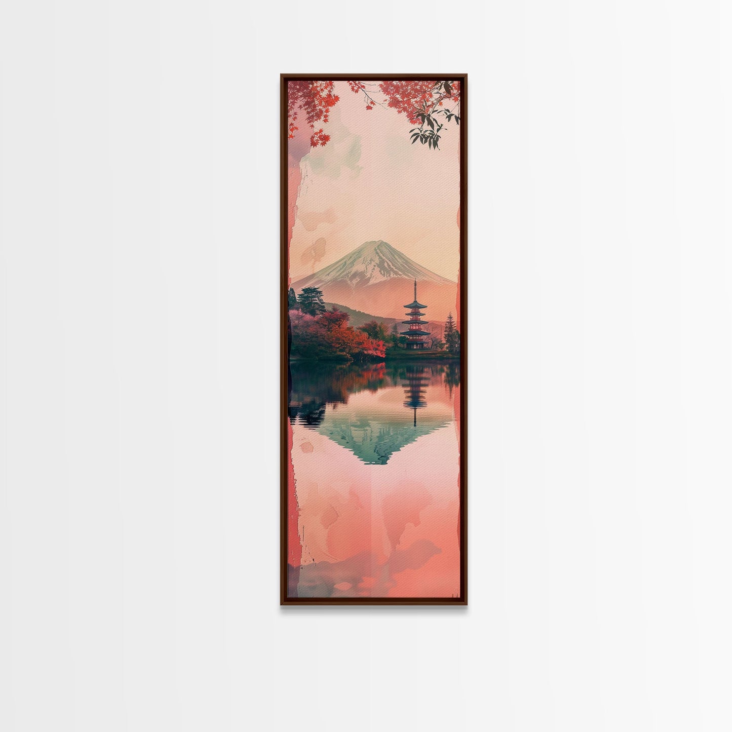 Skinny Art Tall Art Framed Canvas Print Japanese Style Art Mount Fuji Lake Reflection Red Maple Wood Block Print Ukiyo-e Feng Shui Wall Art