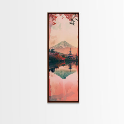 Skinny Art Tall Art Framed Canvas Print Japanese Style Art Mount Fuji Lake Reflection Red Maple Wood Block Print Ukiyo-e Feng Shui Wall Art