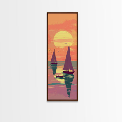 Sailing Boats In The Sunset Over Serene Waters In Japanese Style Ukiyo-e Art Framed Canvas Print Skinny Art Tall Art