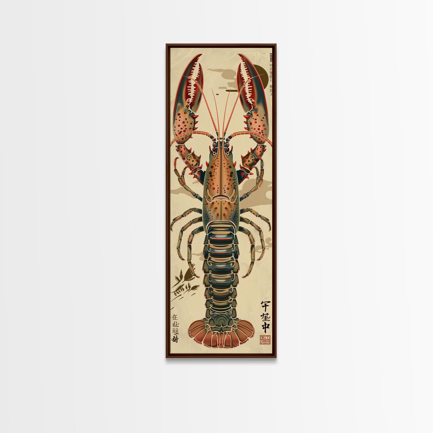 Detailed Lobster Illustration On Beige Background Skinny Art Wood Block Print Japanese Style Art Framed Canvas Print Tall Art Ukiyo-e Art