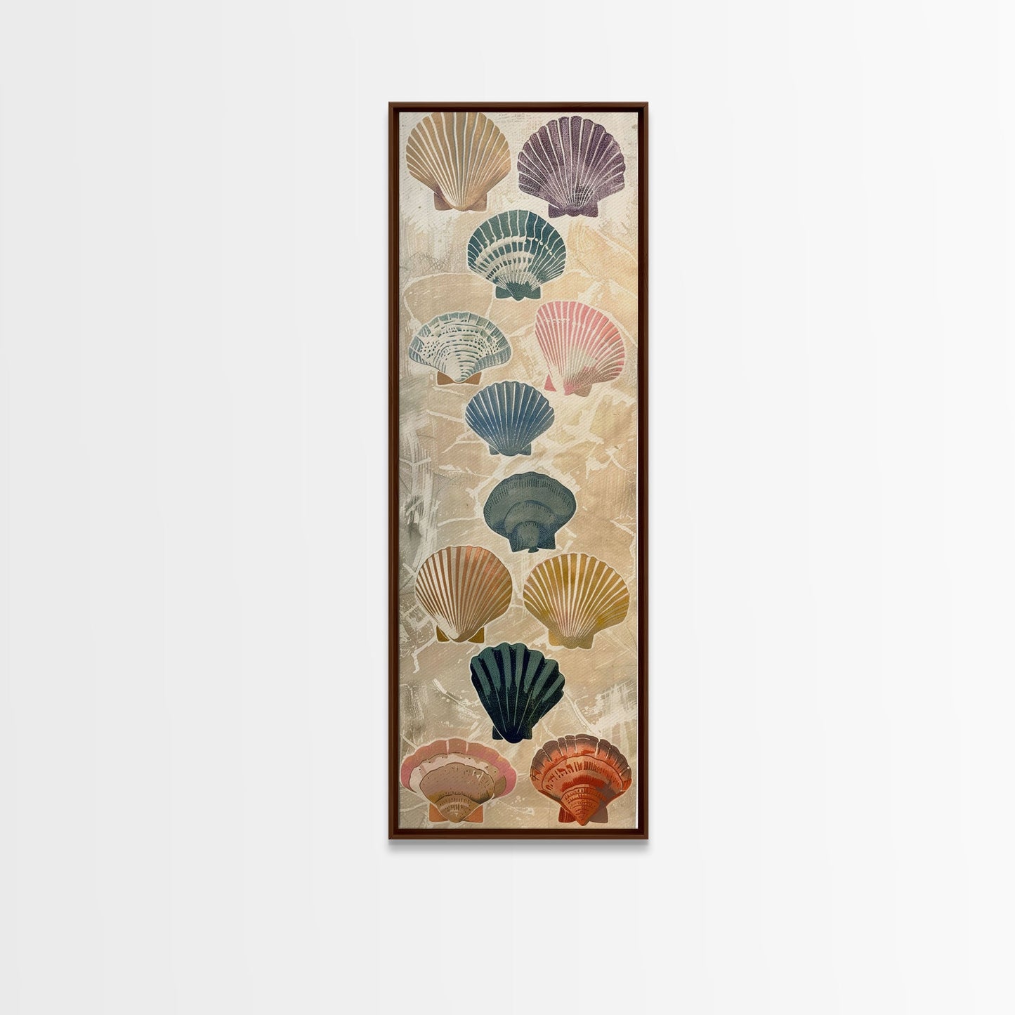 Colorful Shells On Textured Background Skinny Art Wood Block Print Japanese Style Art Framed Canvas Print Tall Art Ukiyo-e Art