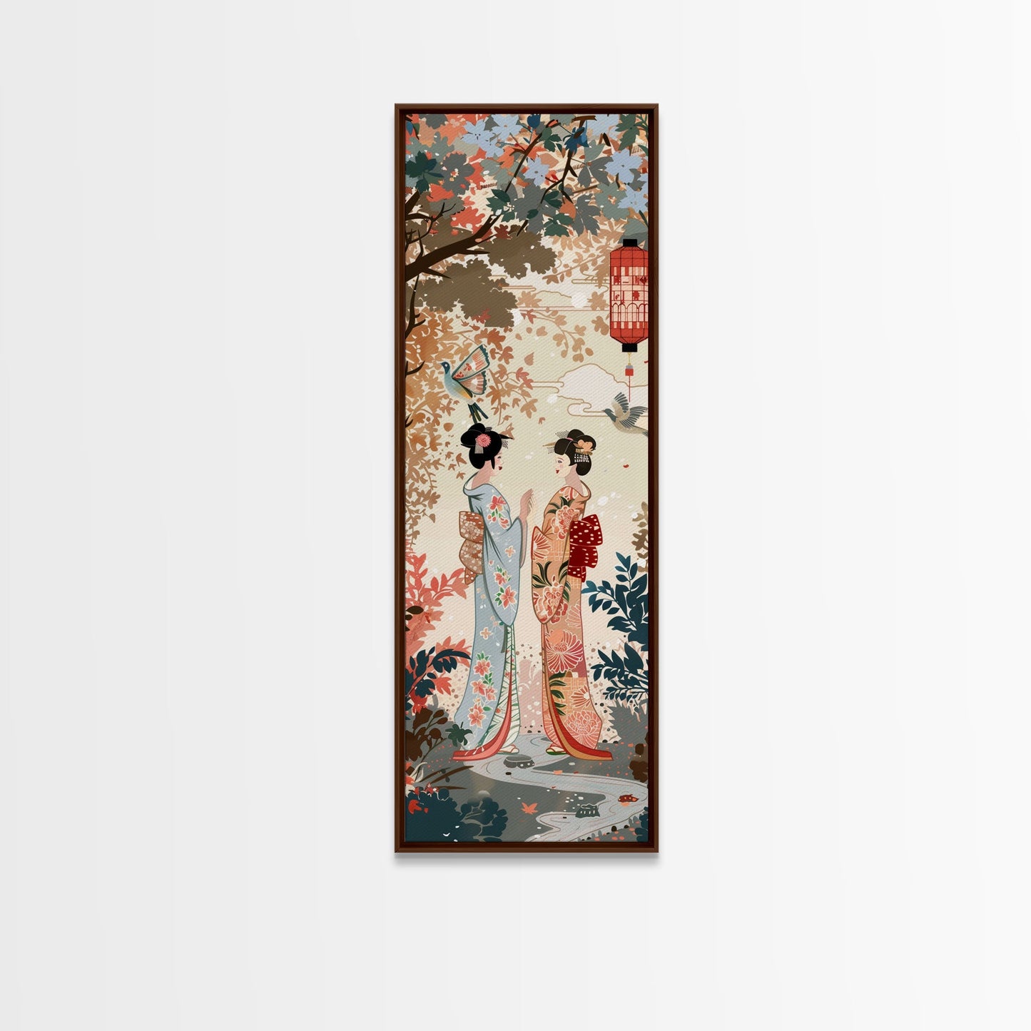 Traditional Geishas Skinny Art Tall Art Japanese Ukiyo-e Inspired Framed Canvas Print for Elegant Home and Office Decor