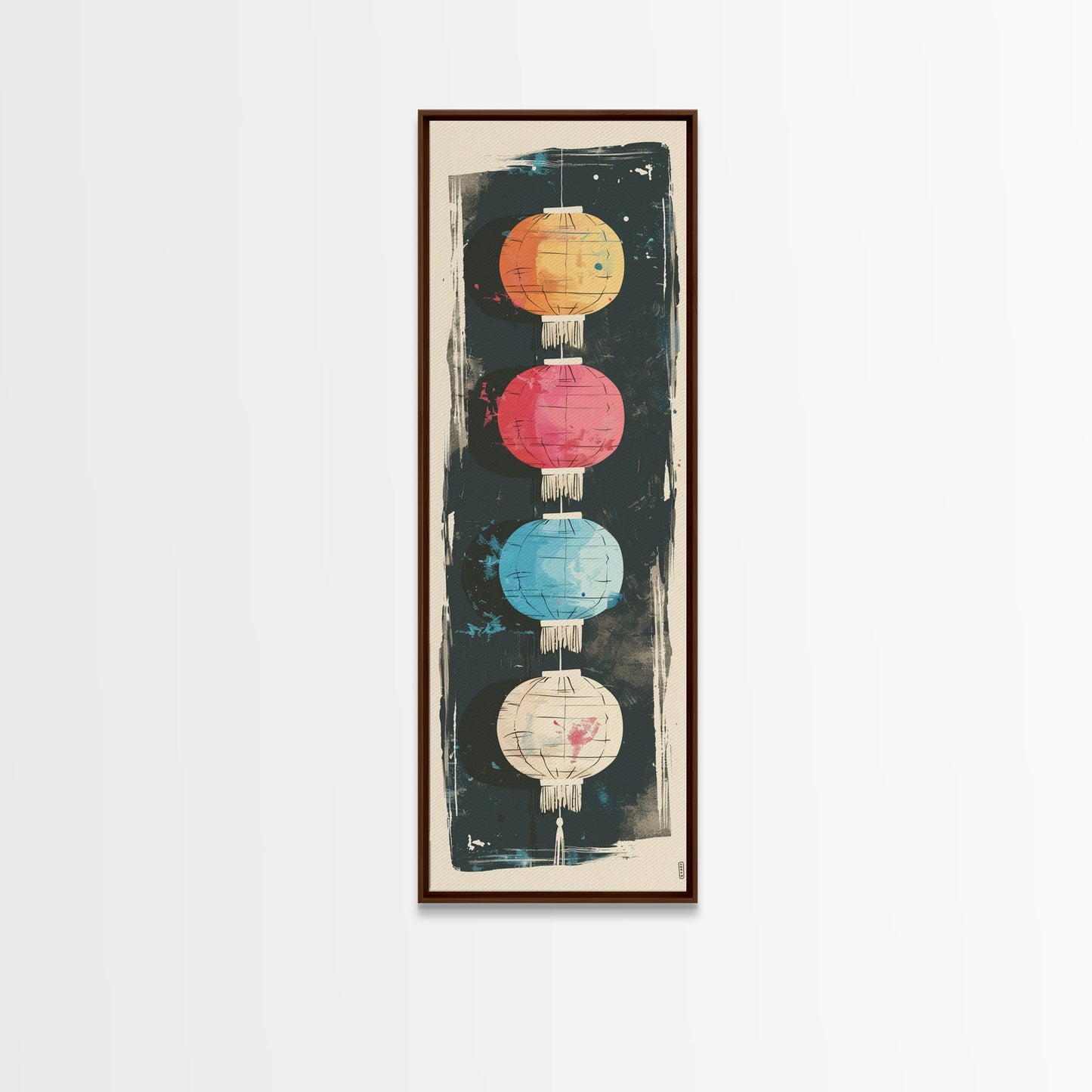 Colorful Lanterns Hanging in a Vertical Row with Abstract Background - Skinny Art, Japanese Wall Decor, Framed Canvas Print, Ukiyo-e Style