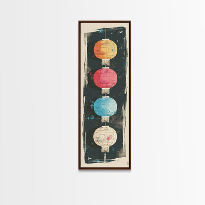 Colorful Lanterns Hanging in a Vertical Row with Abstract Background - Skinny Art, Japanese Wall Decor, Framed Canvas Print, Ukiyo-e Style
