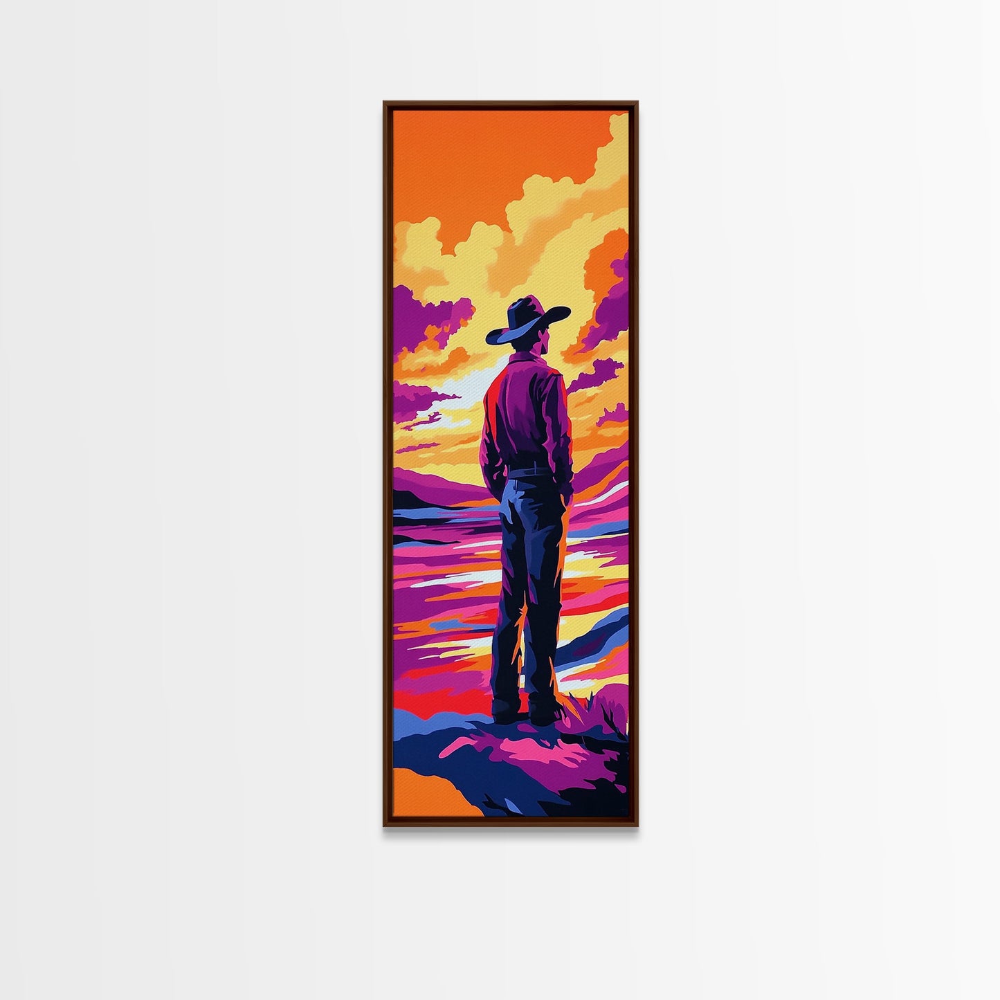 Colorful Sunset Cowboy Art Framed Canvas Print, Southwest Wall Art, Moody Art, Whimsical Art, Pink Orange Wall Art, Tall Narrow Art