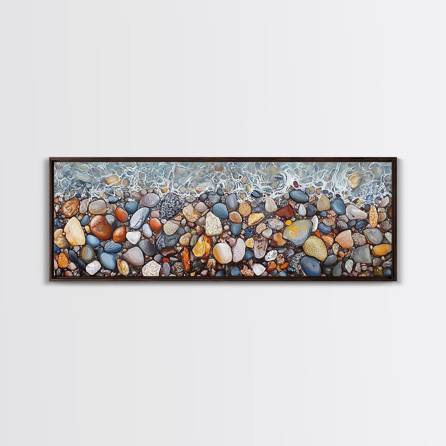 Coastal decor, ocean pebble art, beach rock painting, nautical wall art, seascape painting, long narrow wall art, canvas print