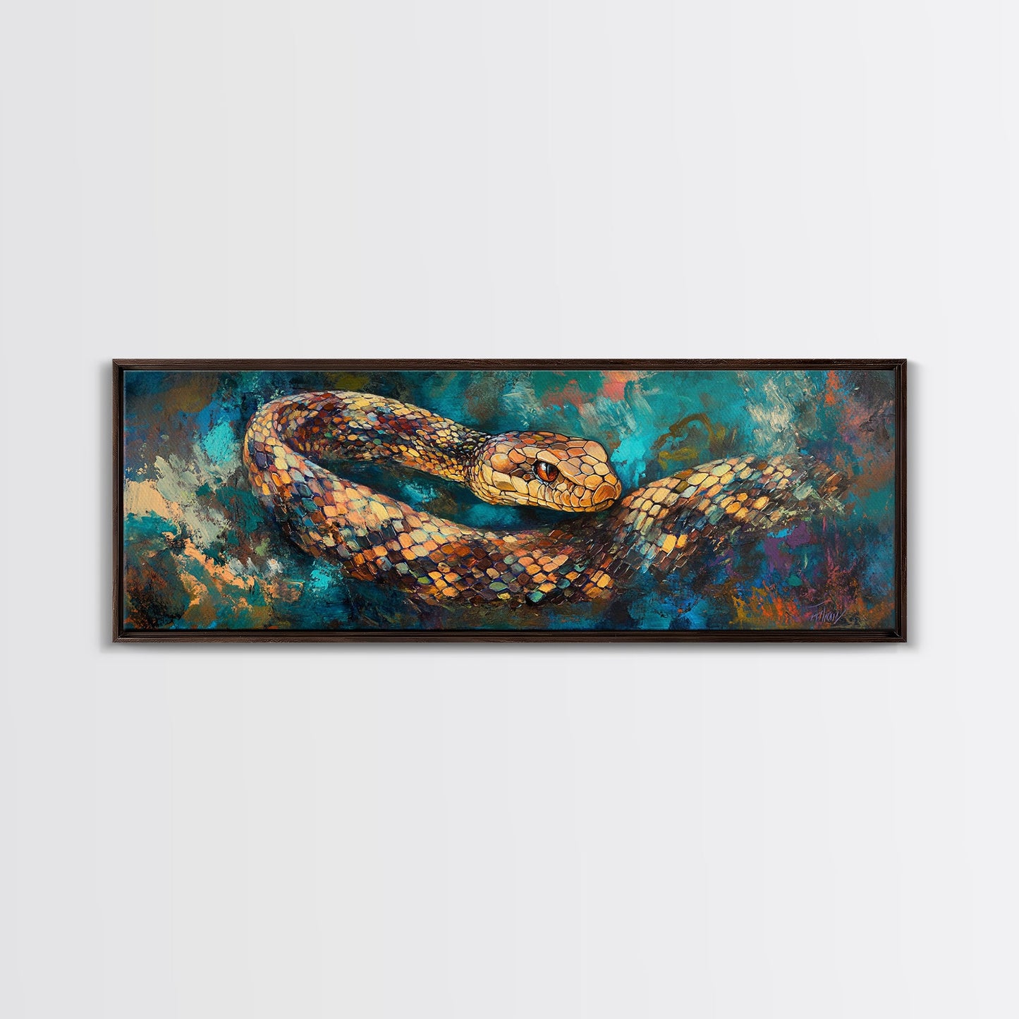 Coiled Serpent, moody art, snake painting, dark romance art, gothic decor, rustic wall art, panoramic wall art, framed canvas print