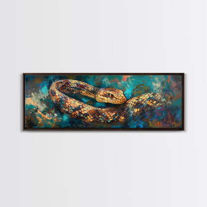 Coiled Serpent, moody art, snake painting, dark romance art, gothic decor, rustic wall art, panoramic wall art, framed canvas print