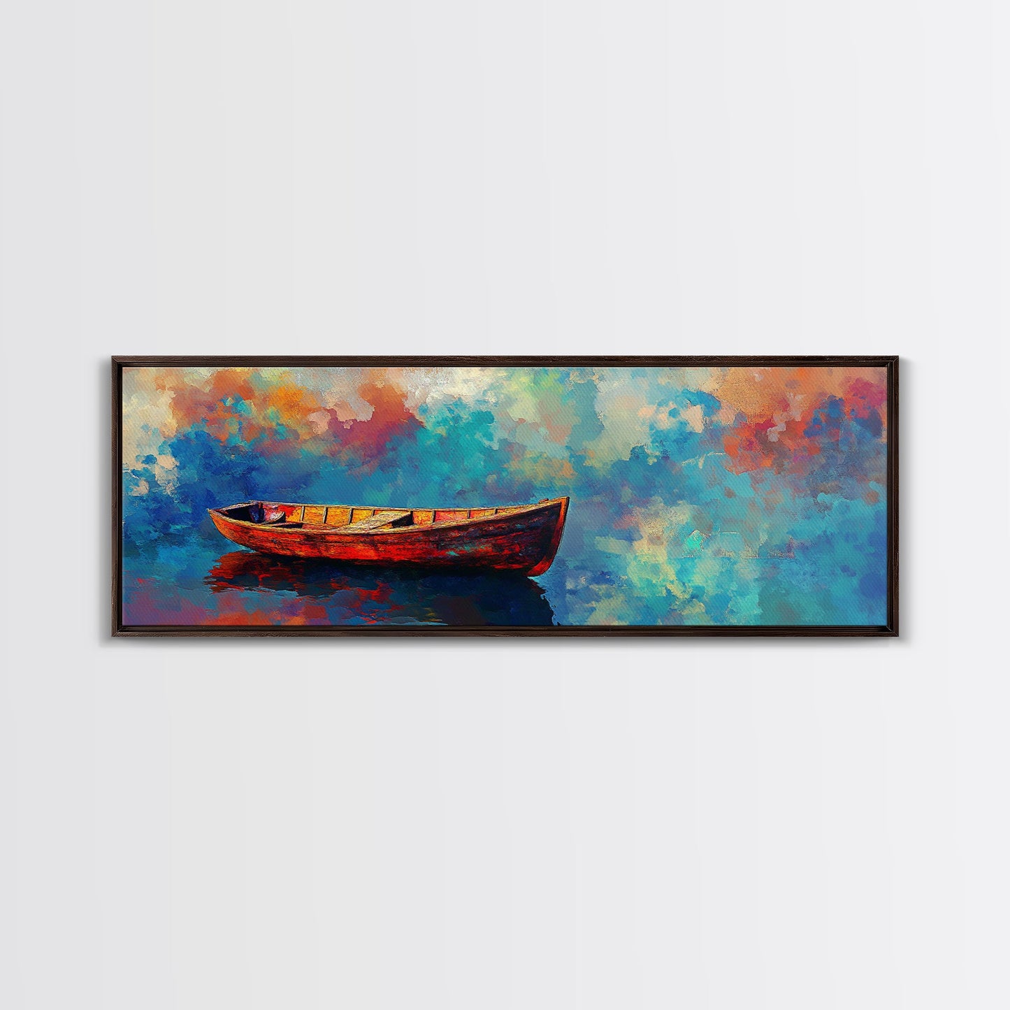Colorful Boat Painting, coastal landscape art, nautical decor, seascape painting, vibrant wall art, framed canvas print, extra wide art