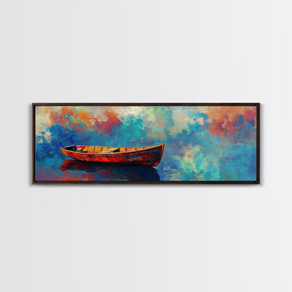 Colorful Boat Painting, coastal landscape art, nautical decor, seascape painting, vibrant wall art, framed canvas print, extra wide art