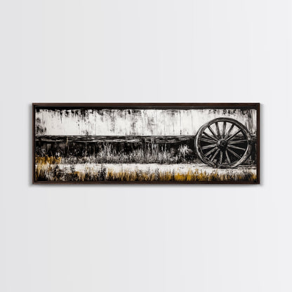 Wagon Wheel, barn landscape oil painting, black and white art, rustic decor, farmhouse art, extra wide art, Framed Canvas Print, moody art