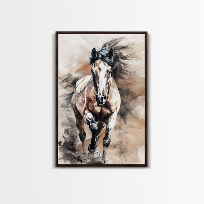 Charging Horse with Dust - Framed Canvas Print, Intense Living Room Art, Bold Bedroom Decor, Equestrian Art, Wall Art