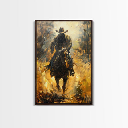Cowboy Riding Horse into the Distance - Framed Canvas Print, Western Art, Rustic Decor, Living Room Wall Art, Cowboy Themed Art