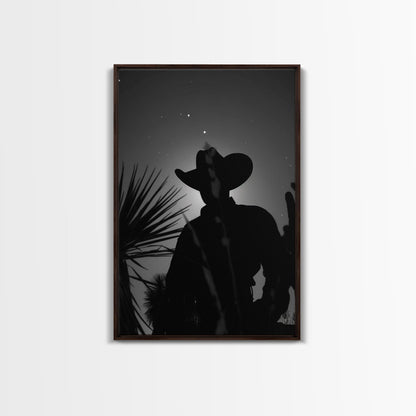 Lone Cowboy Silhouette under the Stars in Black and White for Rustic Wall Art, Canvas Prints, Home Decor, Living Room Art, Bedroom Art