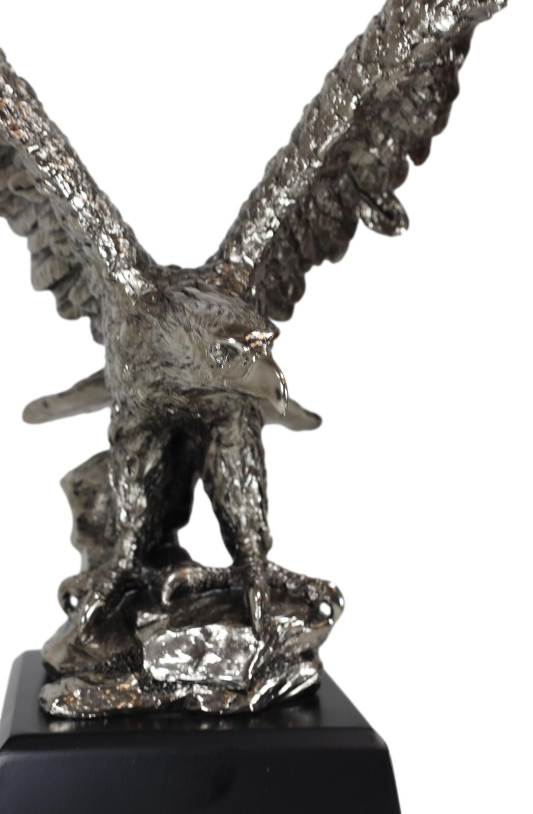 Electroplated Pewter Silver Bald Eagle with Open Wings Landing on Rock Statue