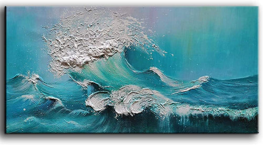 Stunning 24x48 Inch Hand-Painted Abstract Blue Ocean Oil Painting - Modern Canvas Wall Art for Luxurious Home Decor