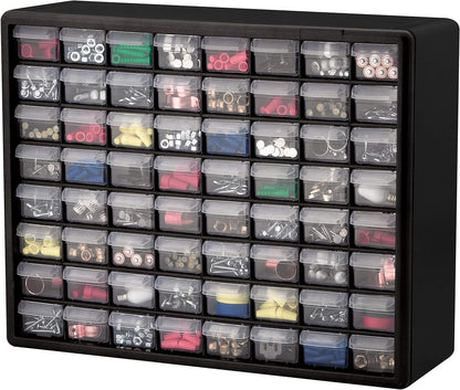 64-Drawer Plastic Drawer Storage Cabinet for Garage Organization, Bead Organizer, Building Bricks Storage, Teacher Toolbox, Makeup Organizer, 20-Inch W X 6-Inch D X 16-Inch H, 10164 Black