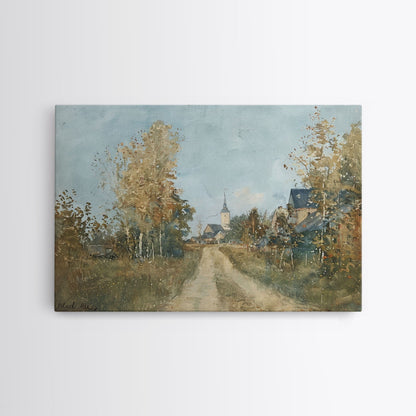 Old Country Road Leading To a Church, Framed Canvas Print, Unique Wall Art, One Of A Kind, folk art, Rustic Farmhouse