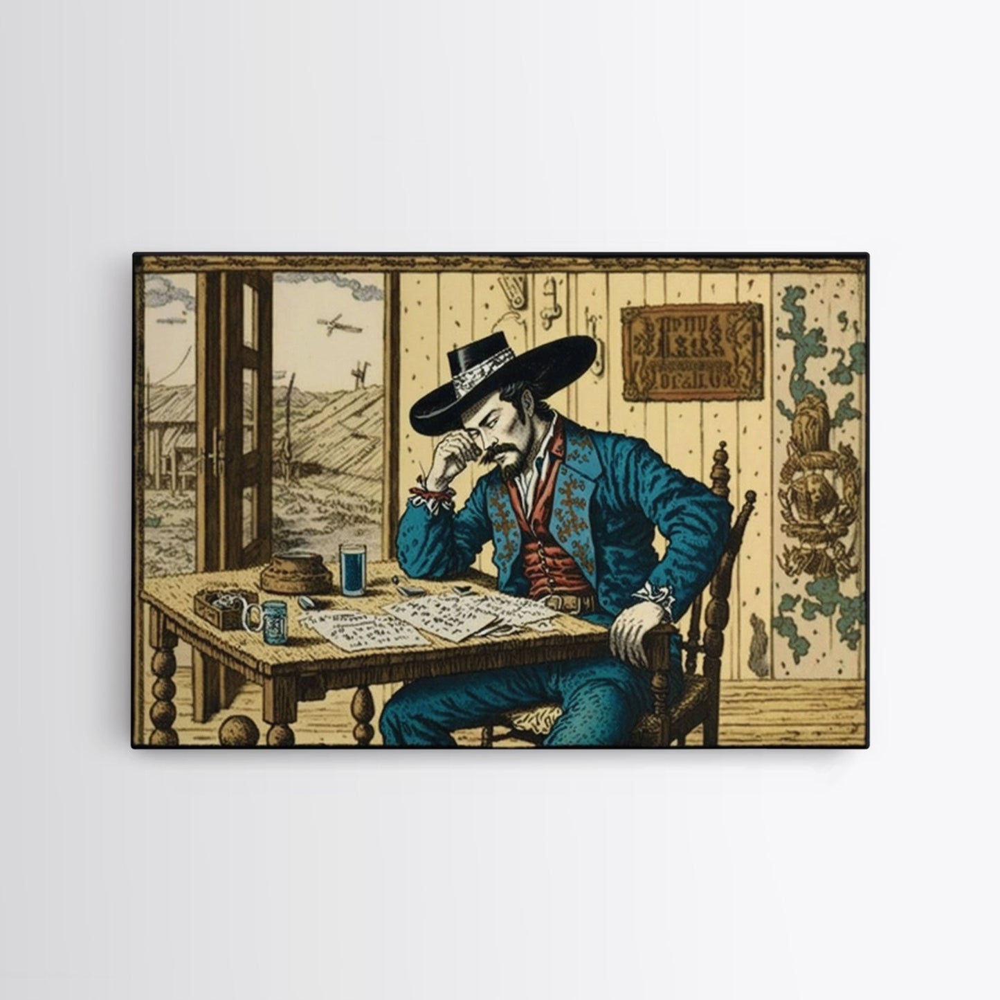 Japanese Cowboy, Wild West Samurai Mashup Art, Framed Canvas Print, Wild Western Decor, Home Art, Living Room Decor