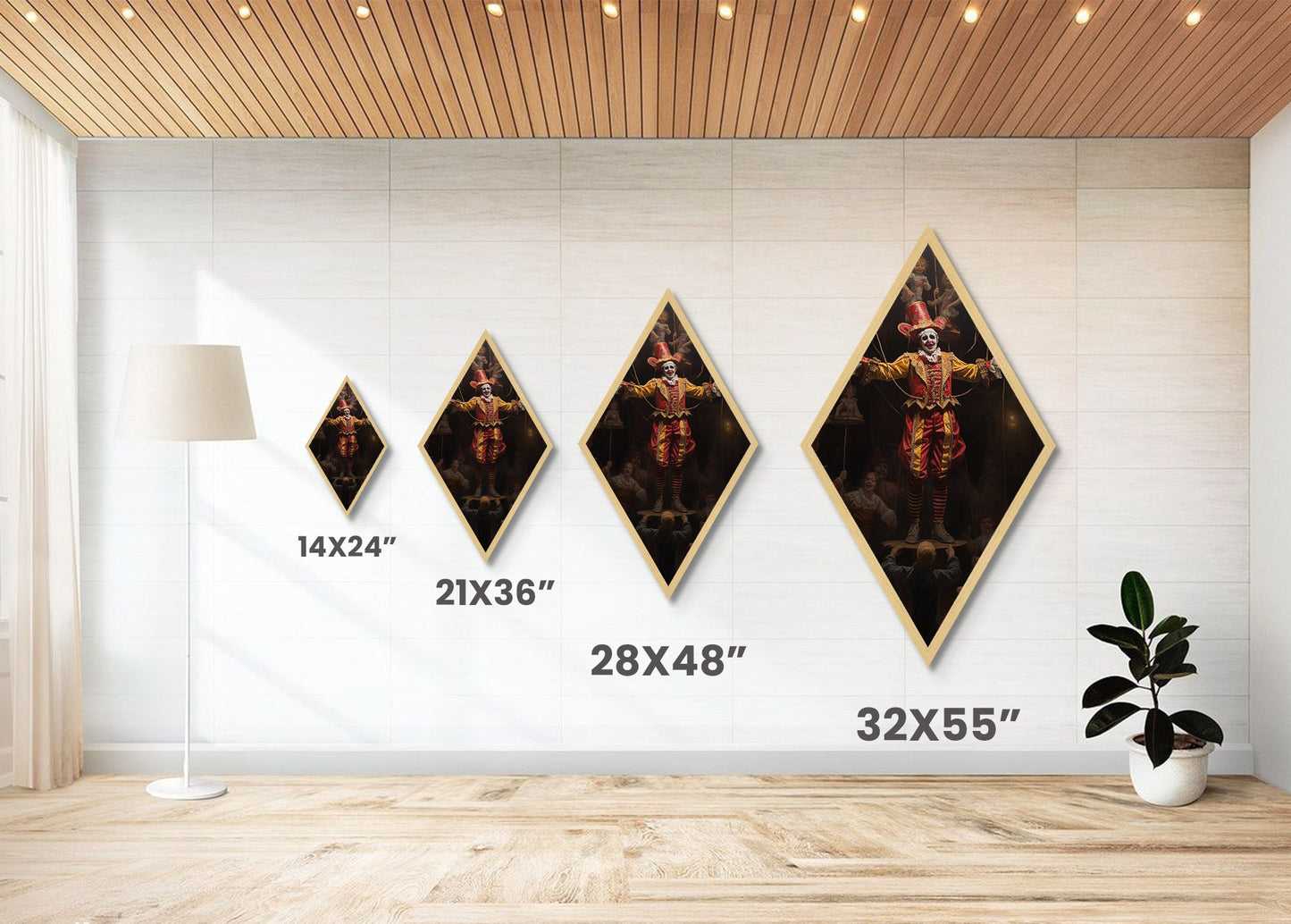 "The Hollow Ringleader" Diamond Shaped Art of Marionette Clown Canvas Embossed Print, Gothic Halloween Carnival Decor in Dark Circus Style