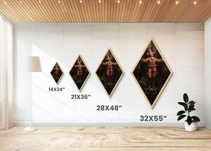 "The Hollow Ringleader" Diamond Shaped Art of Marionette Clown Canvas Embossed Print, Gothic Halloween Carnival Decor in Dark Circus Style