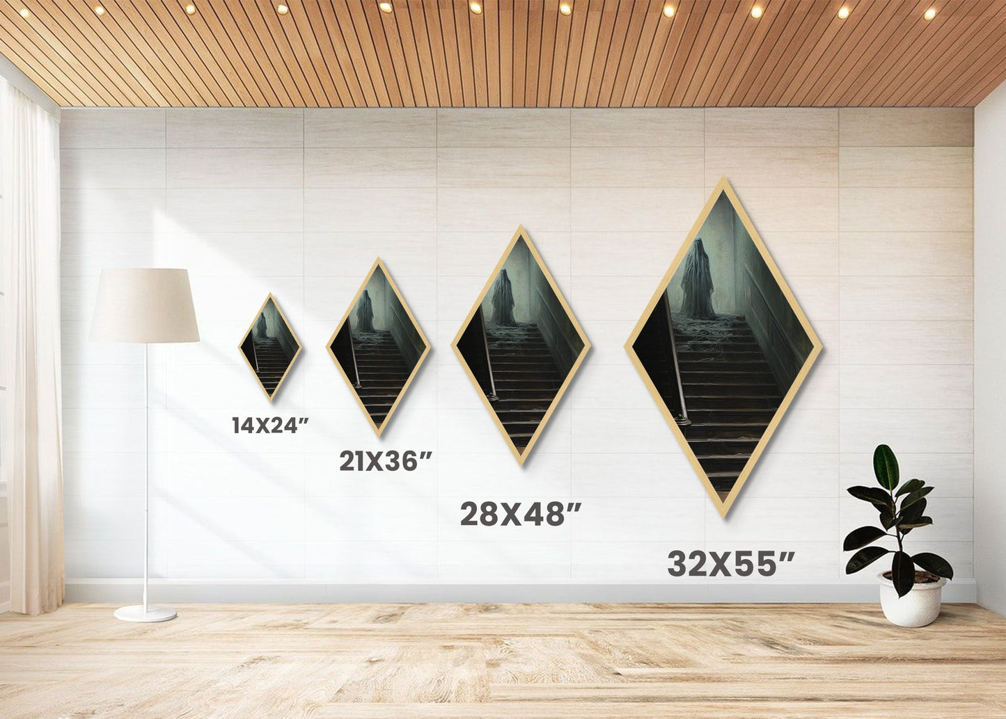 "The Waiting Cold" Haunted Stairwell Ghost Canvas Embossed Print, Diamond Shaped Art for Dark Academia Halloween or Gothic Paranormal Decor