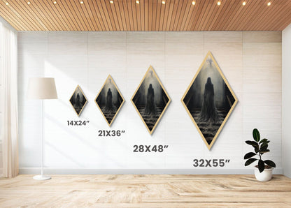 "Chandelier of Silence" Canvas Embossed Print of Spectral Figure Below Light, Diamond Shaped Art for Gothic Paranormal or Halloween Decor