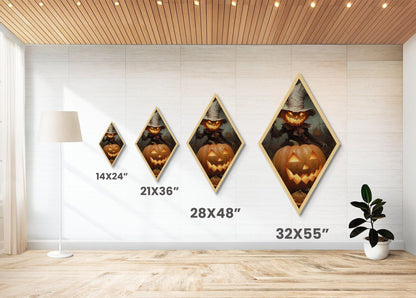 Pumpkin-headed scarecrow with eerie smile Canvas Art Print perfect for Halloween horror decor in Diamond Shaped Art style