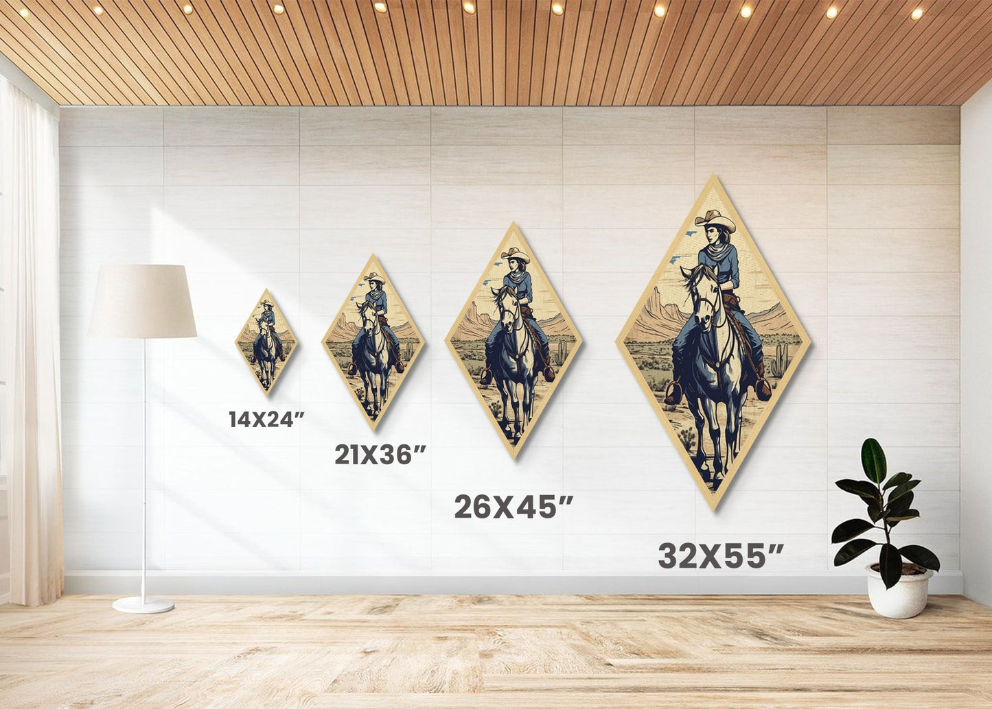 Cactus Cowgirl Ride Diamond Shaped Vintage Western Scene Canvas Textured Print Southwestern Wall Art Country Equestrian Gift