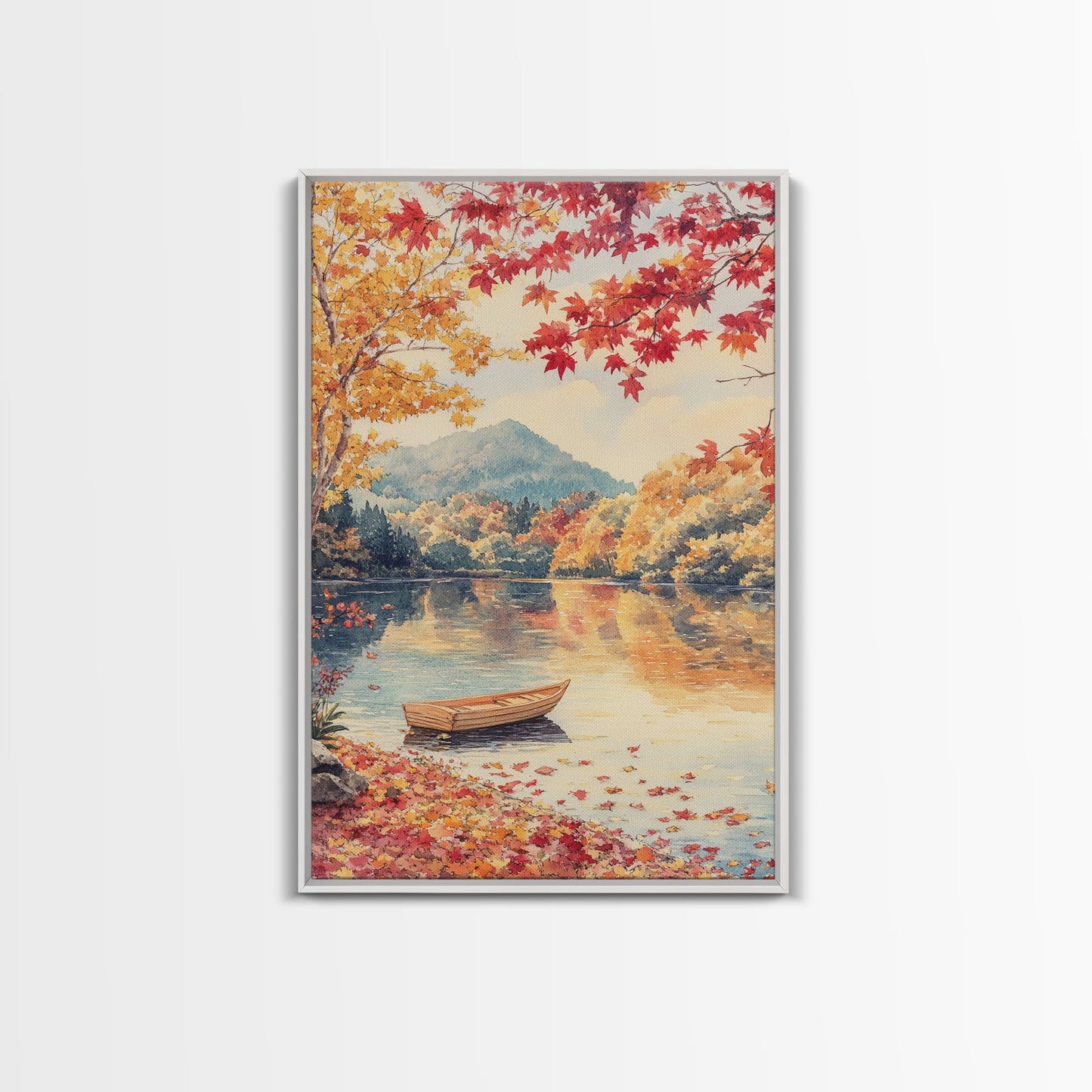 Canoe On A Serene Fall Lake, Framed Canvas Print, Autumn Decor, Fall Wall Art, Fall Poster, Autumn Prints Wall Art