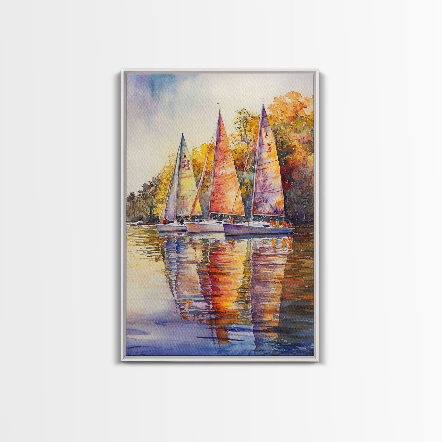 Colorful Sailboats Reflected On Water Framed Canvas Print Fall Nautical Wall Art Coastal Decor Best Gift Idea Holiday Wall Art